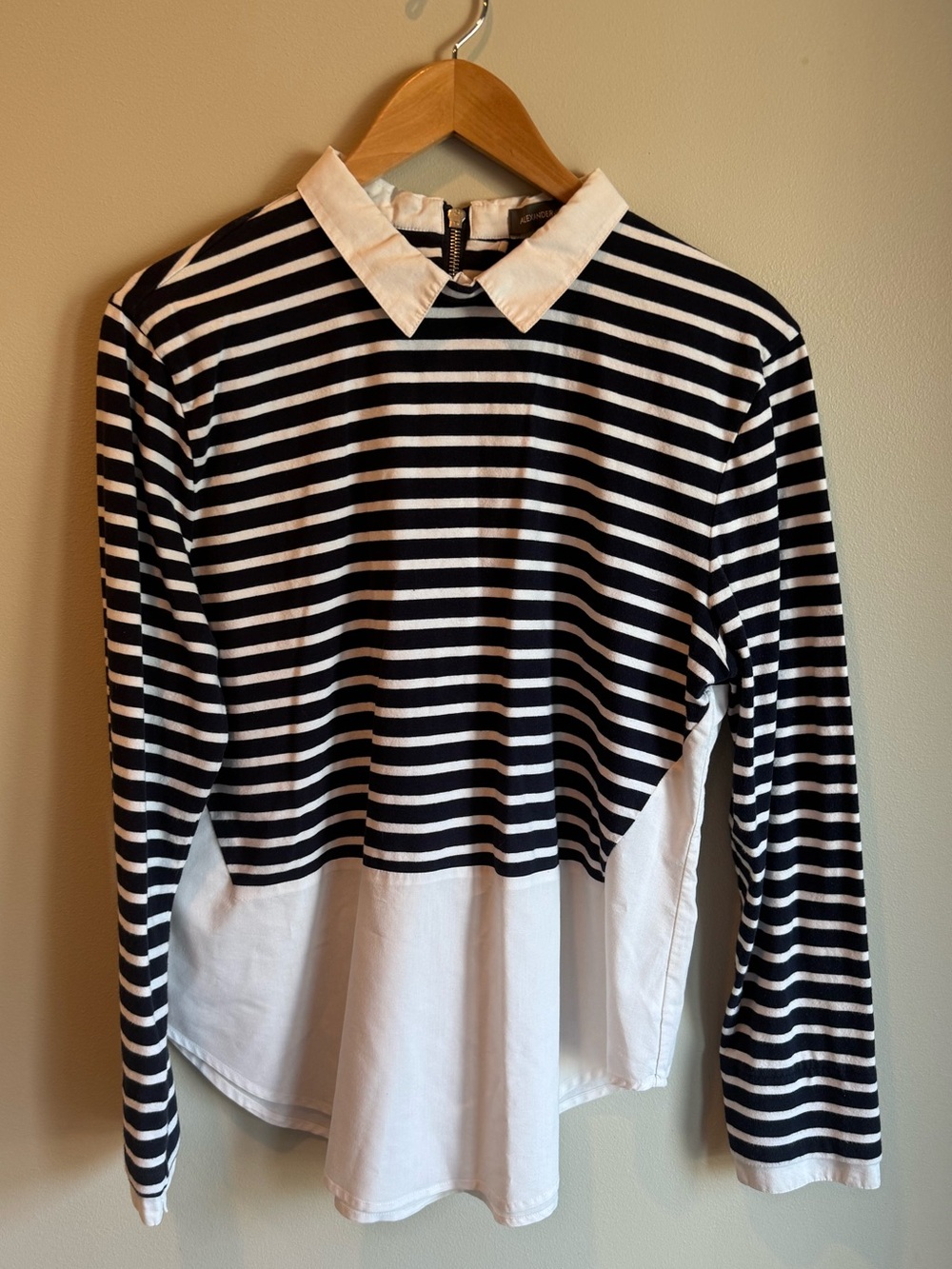 Alexander Jorden Striped Navy & White Collared Layered Top Blouse Size Large‎